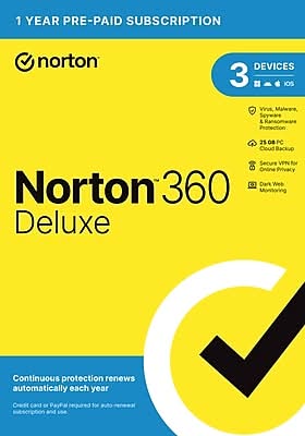 Norton 360 Deluxe Antivirus Software for 3 Devices, 25GB Cloud Storage (21463256)