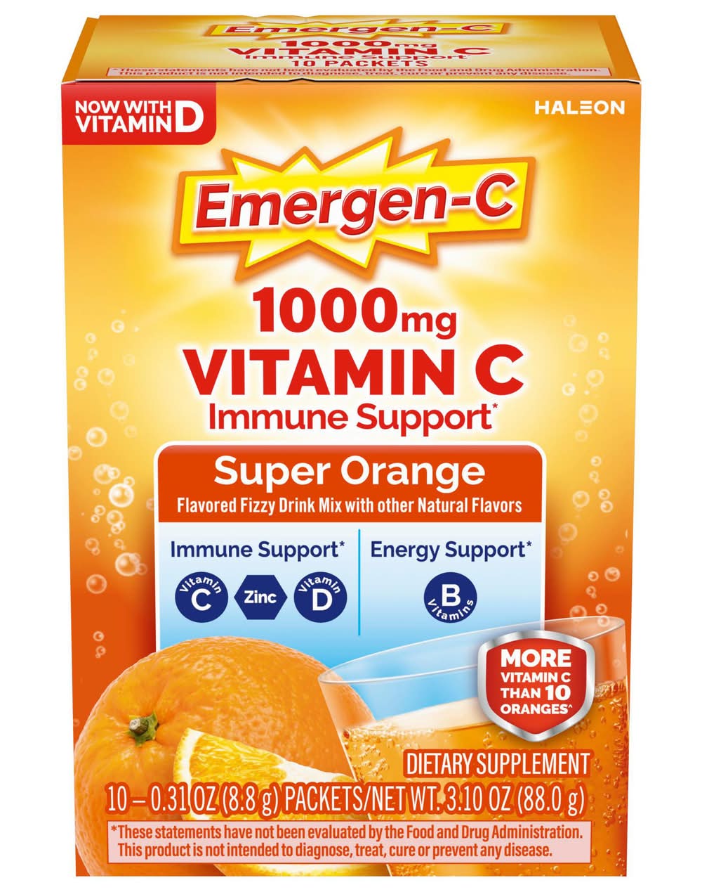 Emergen-C Vitamin C Drink Mix 1000 mg, Super Orange (10 x 0.32 oz)