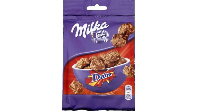 Milka Daim, chocolat au lait et éclats de caramel et cornflakes Le sachet de 145g