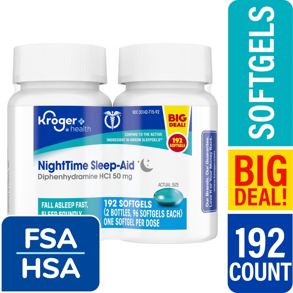Kroger Nighttime Sleep-Aid Diphenhydramine Hcl Softgels 50 mg (2 x 96 ct)