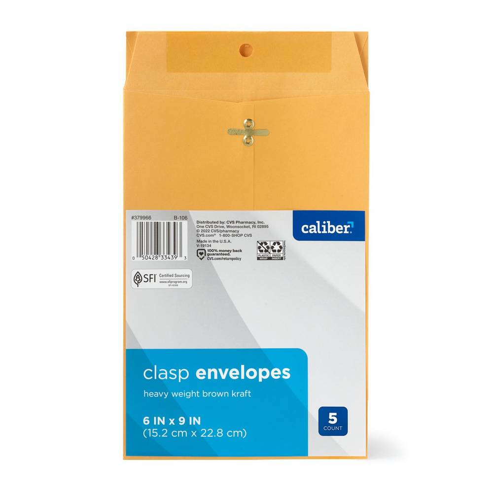 Caliber Clasp Envelopes 6X9, 5 Ct