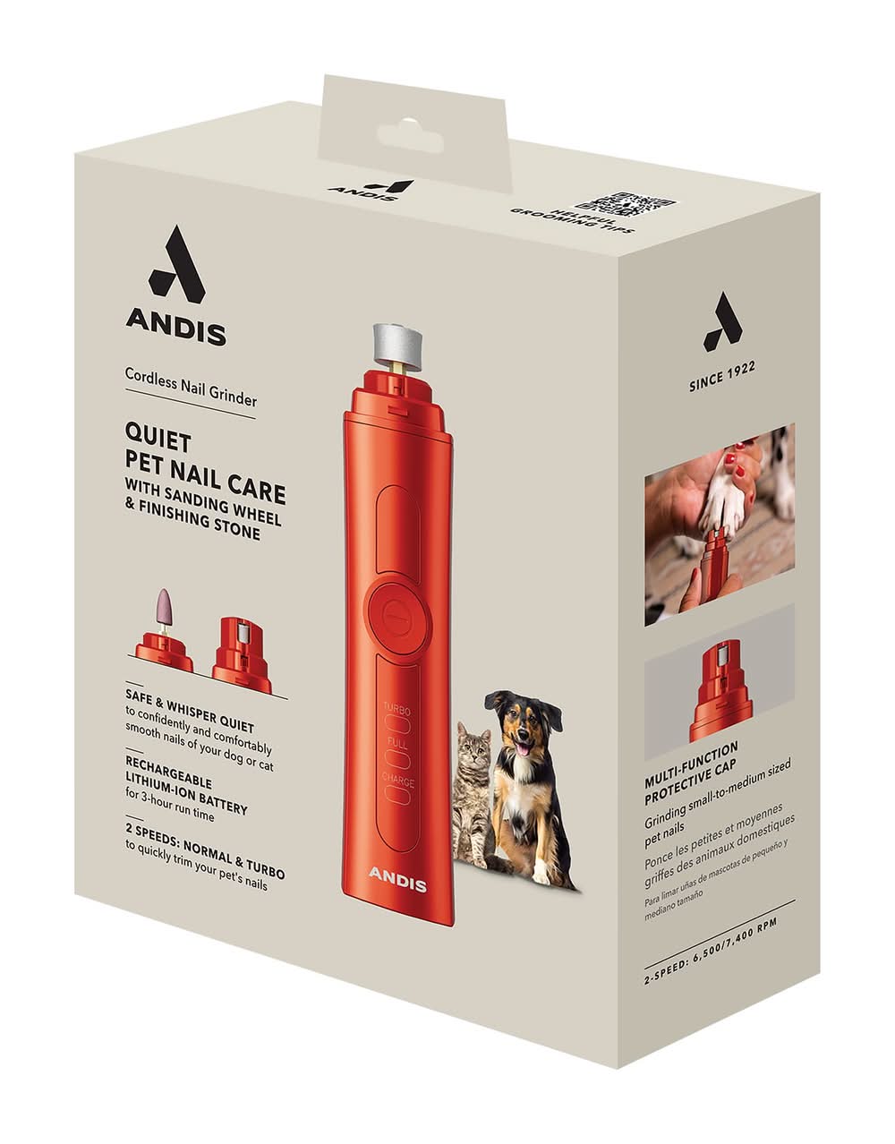 Andis® Quiet 2-Speed Cordless Rechargeable Pet Nail Grinder with Sanding Wheel and Finishing Stone (Color: Orange)