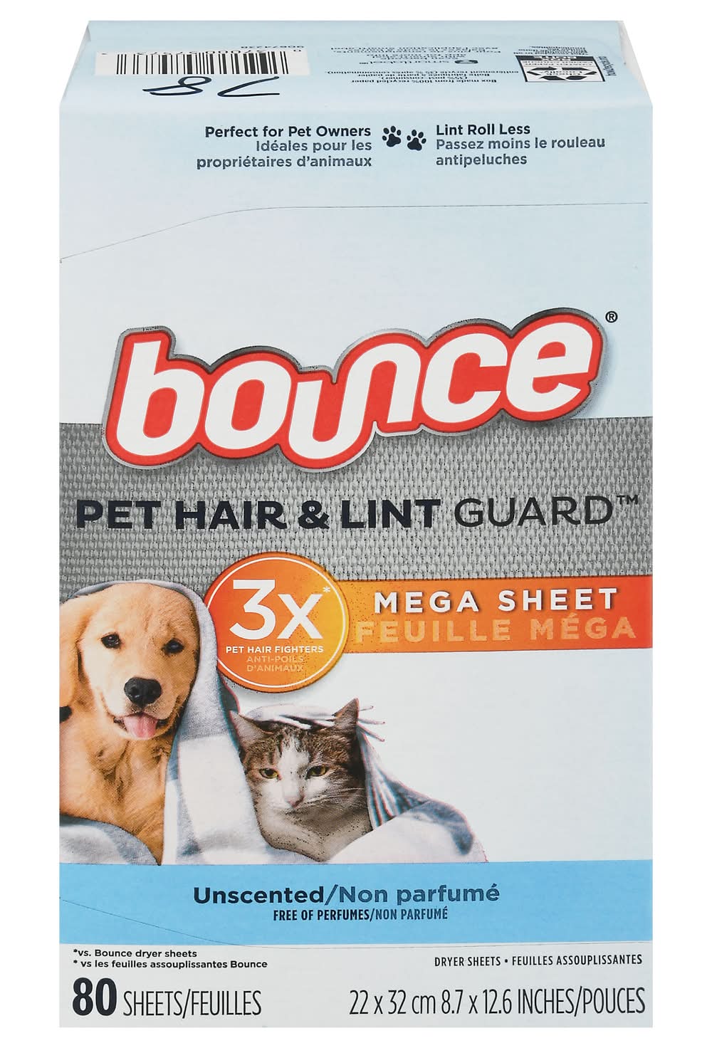 Bounce 3X Pet Hair Fighter and Lint Guard Unscented Dryer Sheets, 8.7x12.6 in (80 ct)