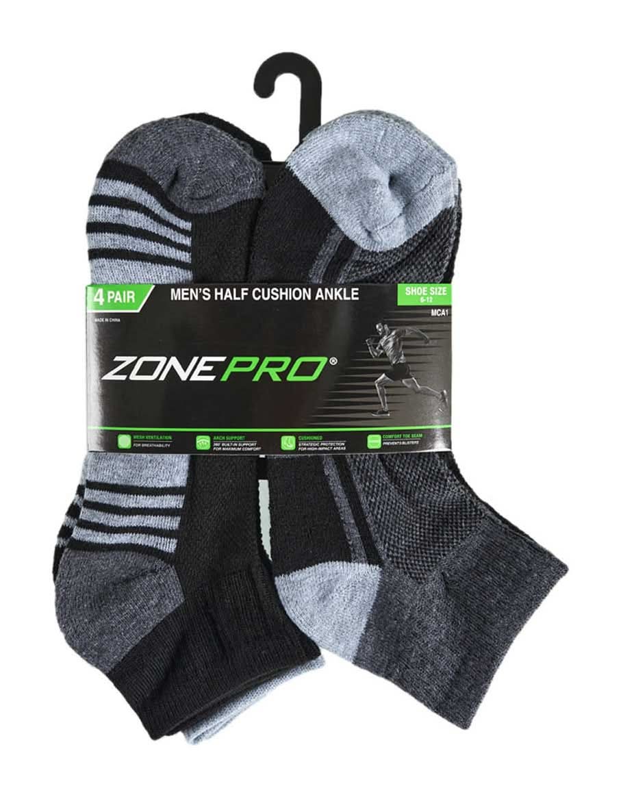 Zone Pro Men'S Half Cushion Ankle Cut Socks 4 Ct Assorted Patterns