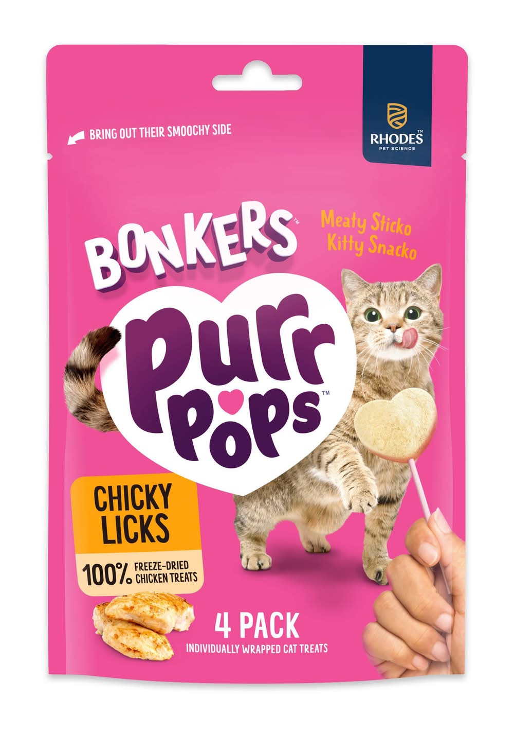 Bonkers Purr Pops Freeze Dried Wrapped Lickable Cat Treats, Chicken (0.4 oz, 4 ct)