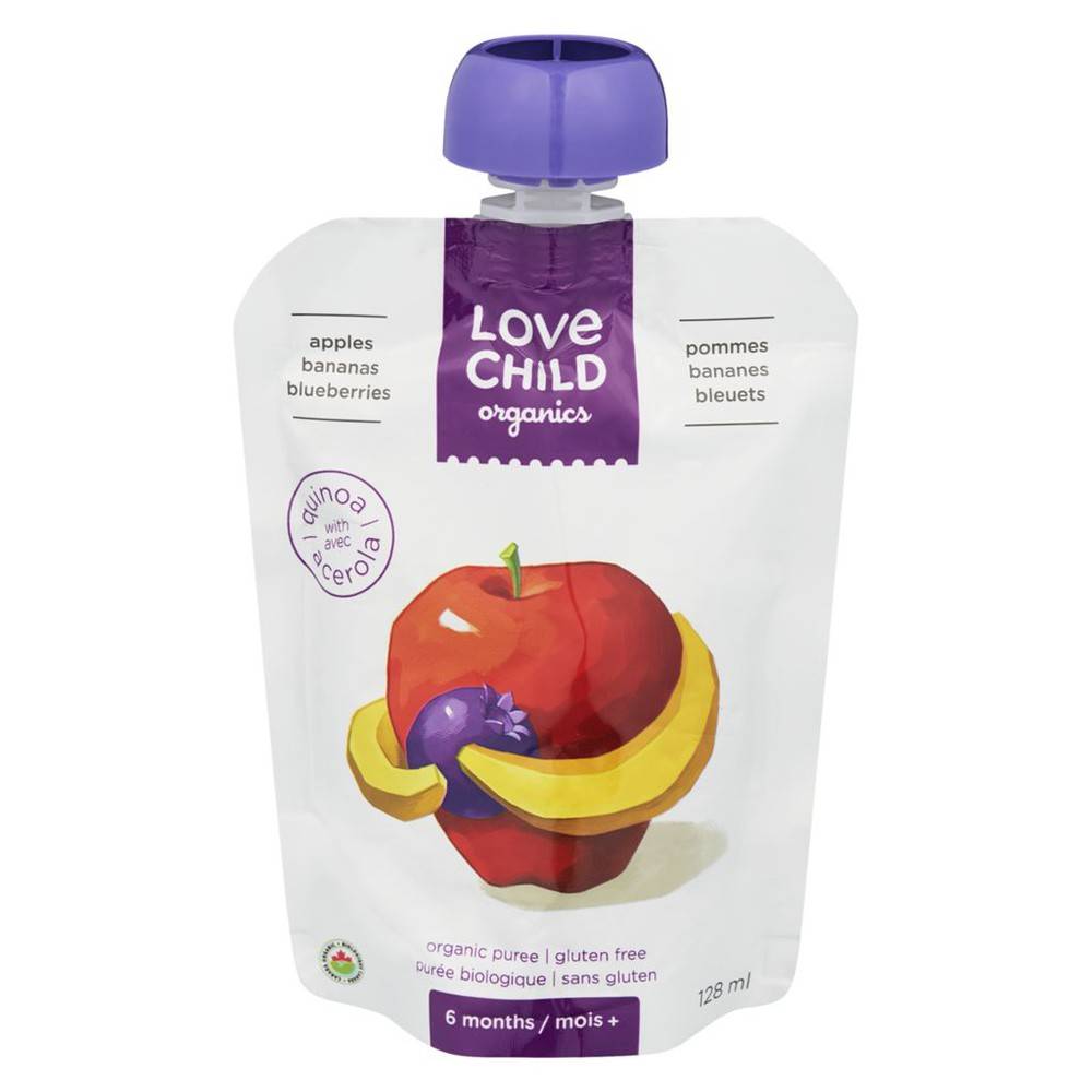 Love child organics purée biologique de pommes, bananes, bleuets et quinoa en pochette pour bébés de 6 mois et plus (128 ml) - organic puree, apples bananas & blueberries (128 ml)