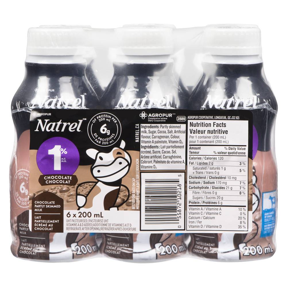 Natrel 1% Partly Skimmed Canadian Milk, Chocolate (6 x 310 ml)