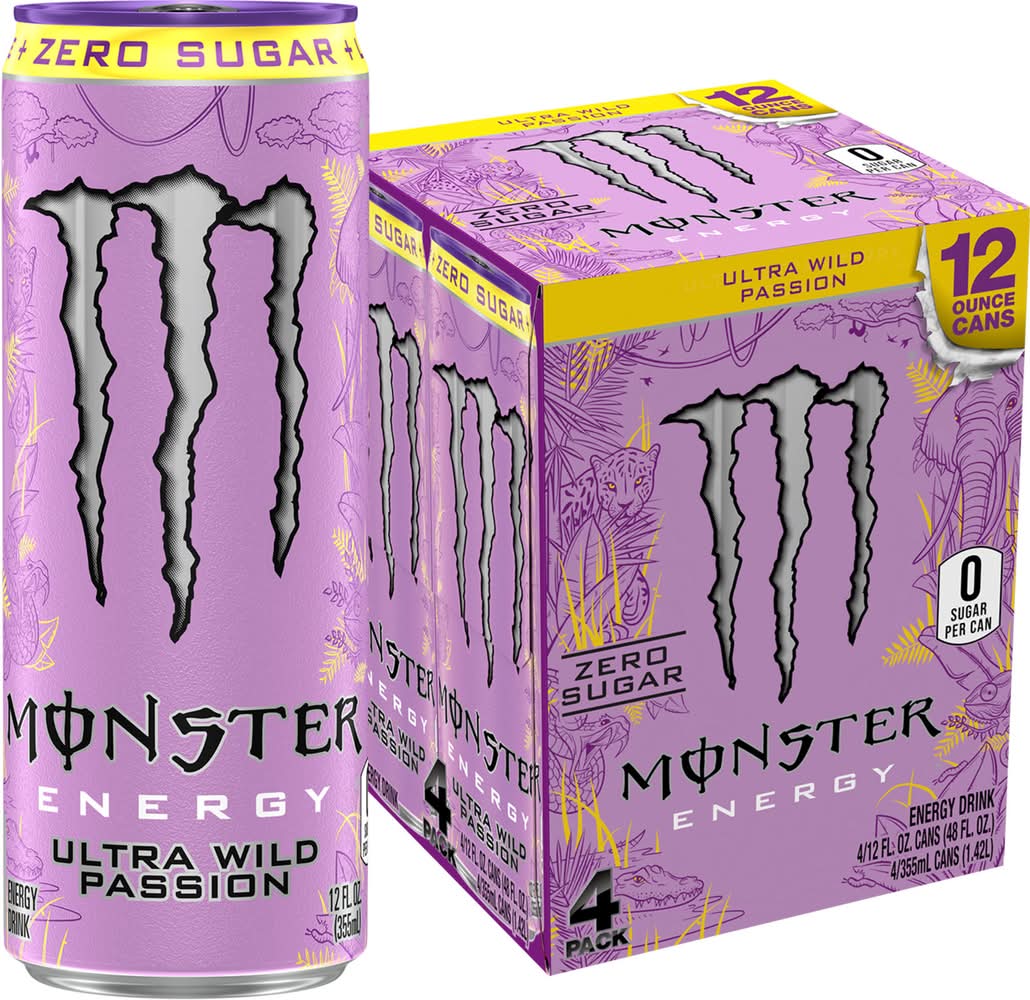 Monster Ultra Zero Sugar Energy Drink, Wild Passion (4 x 12 fl oz)