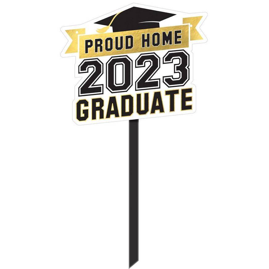 Black & Gold Proud Home 2023 Grad Plastic Yard Sign, 15in x 37in