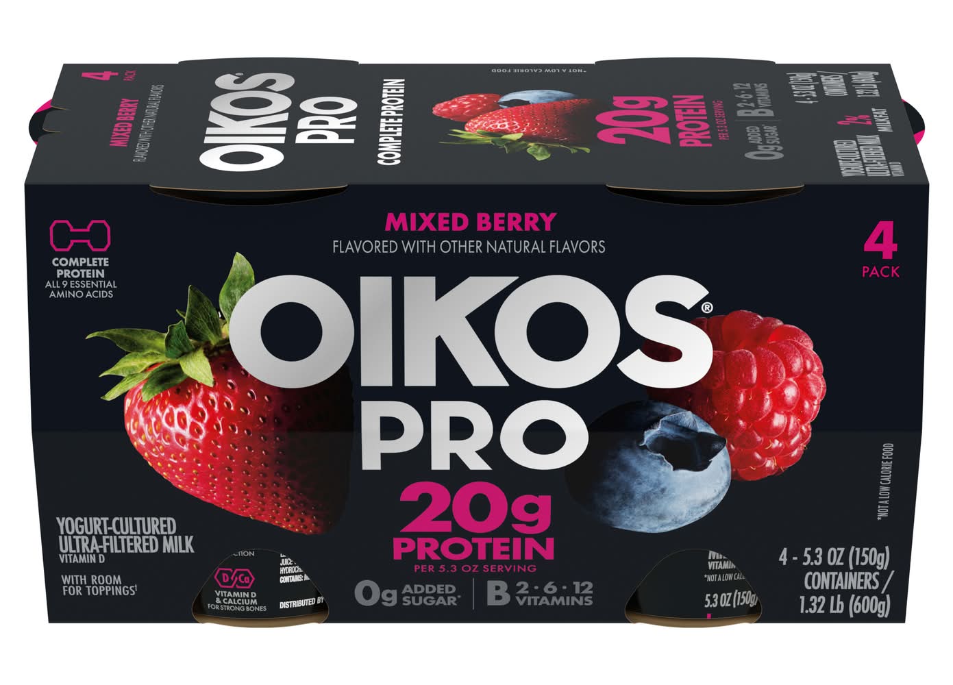 Oikos Pro Yogurt-Cultured Ultra Filtered Milk Cups, Mixed Berry (4 x 5.3 oz)