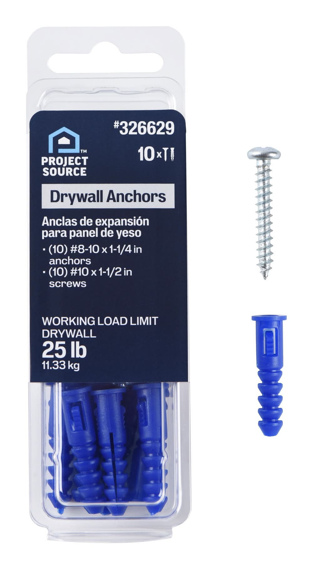Project Source 25.0-lb 3/8-in x 1-1/4-in Push-In Anchors with Screws Included 10.0 -Pack