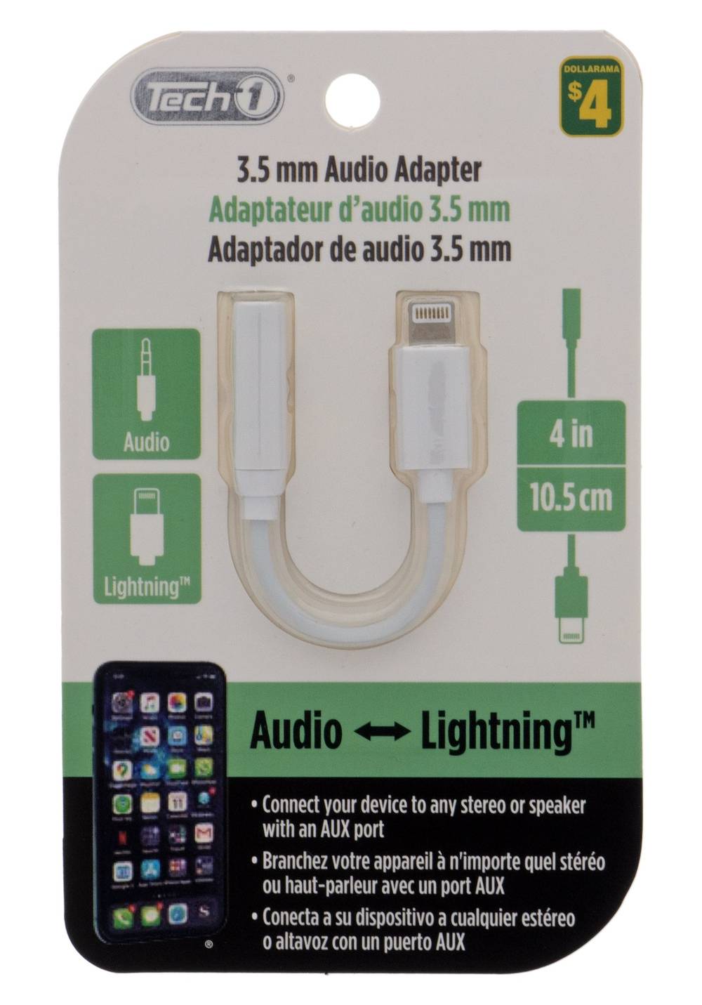 Tech 1 Audio To Lighting Adapter, 3.5 mm*4 in, White