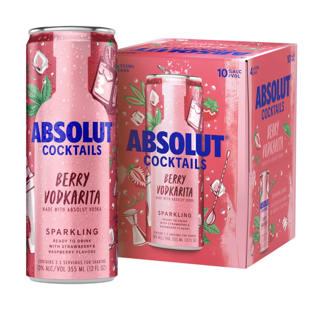 Absolut Ready To Drink Vodka Cocktails, Berry Vodkarita (4 x 12 fl oz)