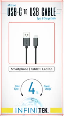 Infinitek Usb-C To Usb Sync & Charge Reversible Type-C Cable, 4 ft, Black