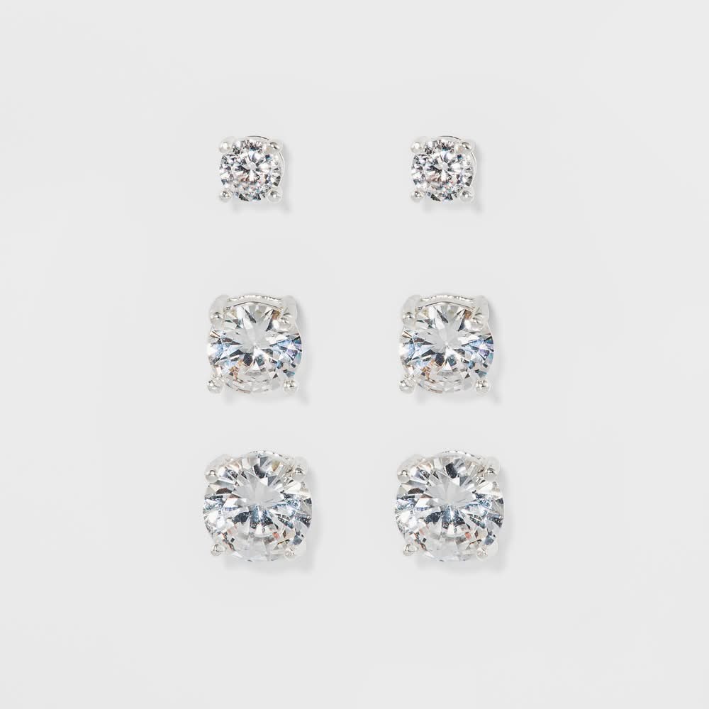 A New Day Fashion Trio Crystal Round Stud Earring Set, Women, Silver (3 ct)