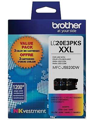 Brother LC20E3PKS Cyan/Magenta/Yellow Extra High Yield Ink Cartridge, 3/Pack (LC20E3PKS)