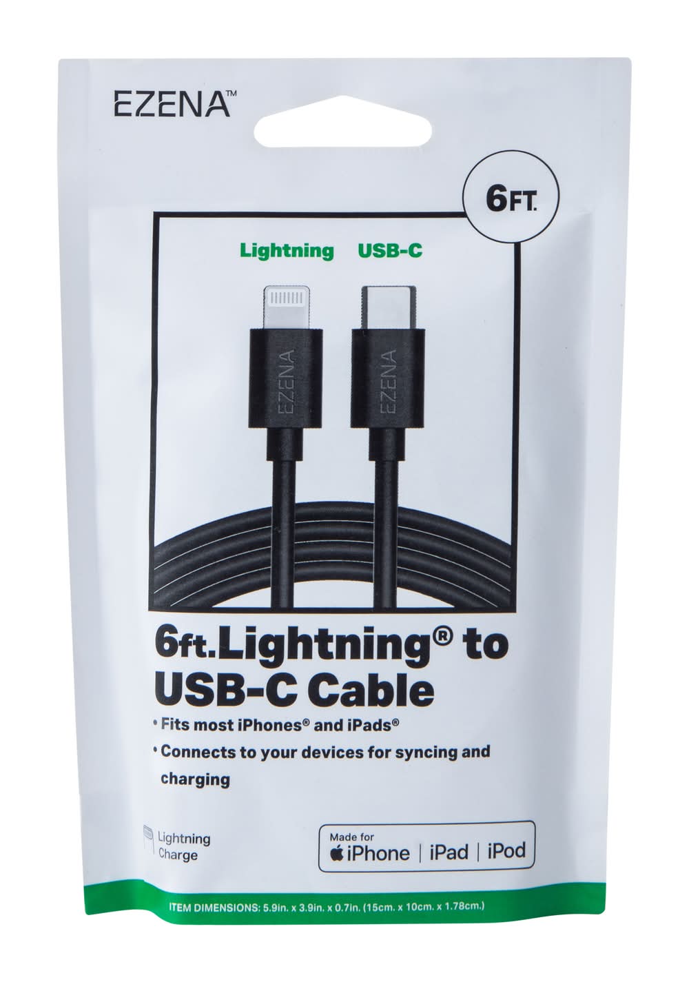 Ezena™ Lighting® To USB-C Cable 72in Black