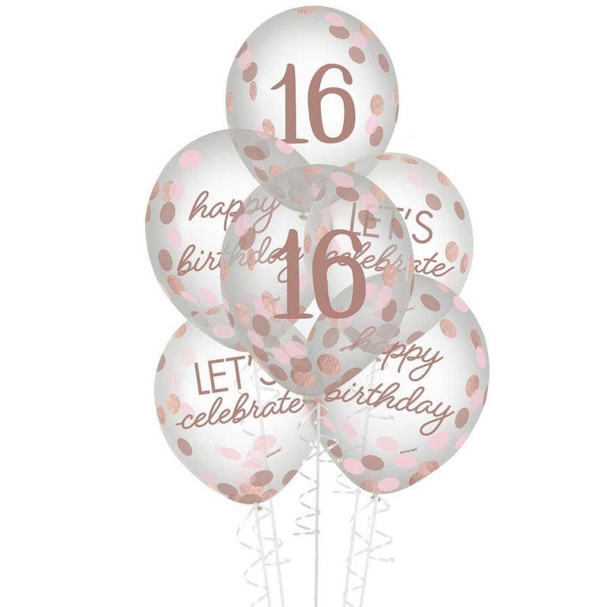 Uninflated Rose Gold Sweet Sixteen Latex Confetti Balloons, 12in, 6ct