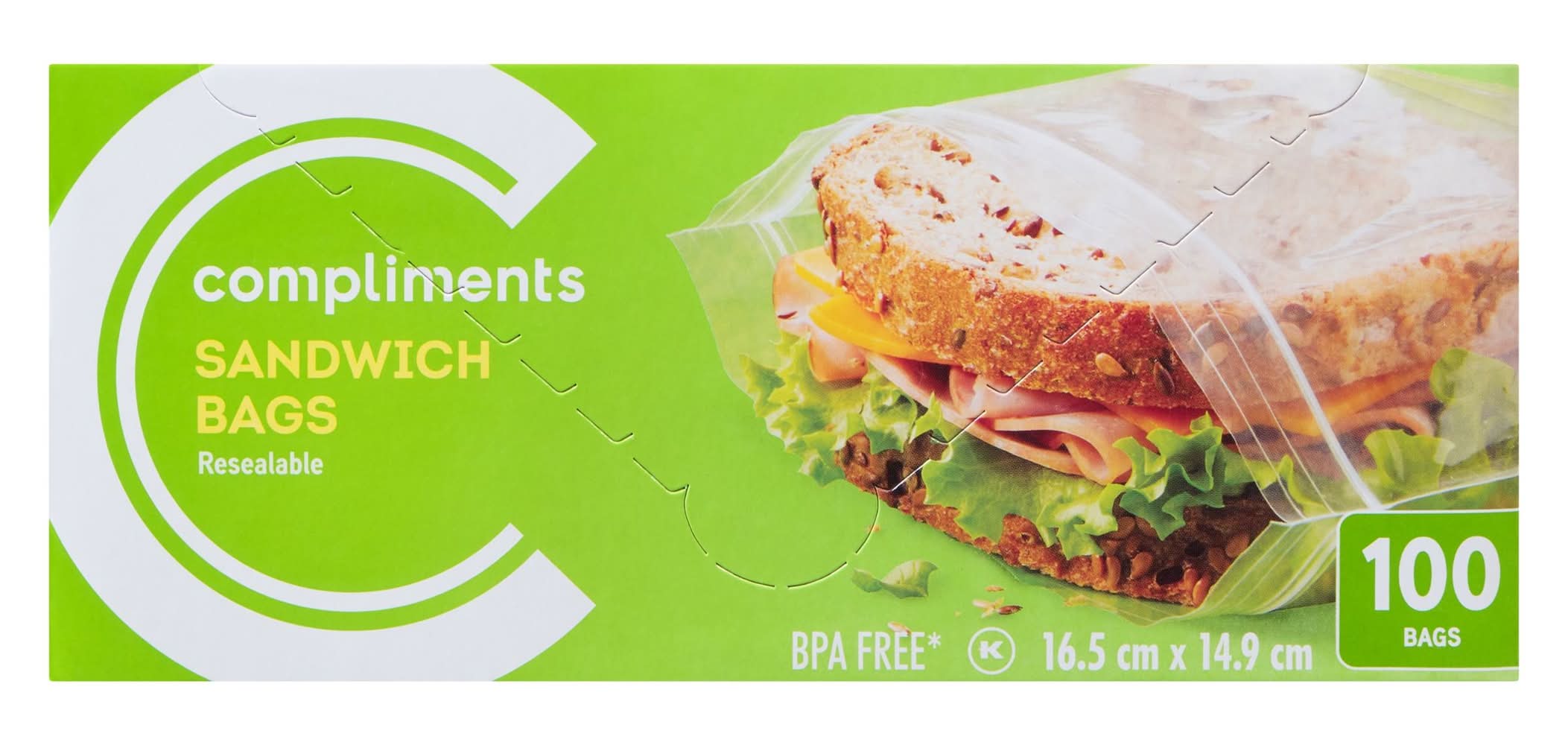 Compliments Resealable Sandwich Bags, 16.5x14.9 cm (100 ct)