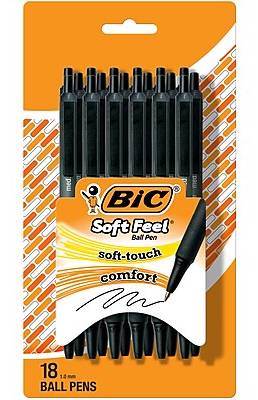 BIC Soft Feel Retractable Ballpoint Pen, Bold Point, Black Ink, 18/Pack (SCSMP18-BLK)