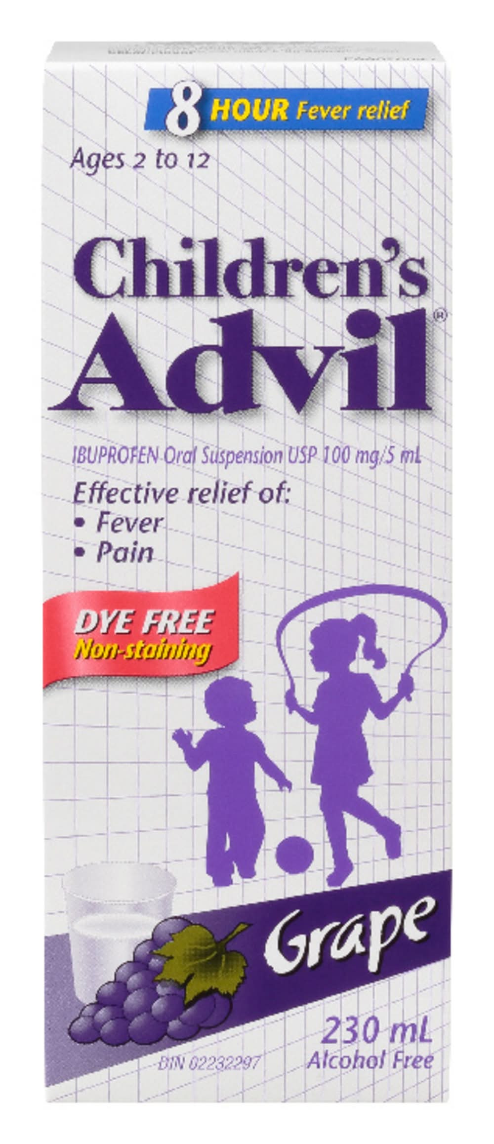 Advil Children's Fever & Pain Relief Dye Free Syrup For Ages 2-12 Years 100 mg, Grape (230 ml)