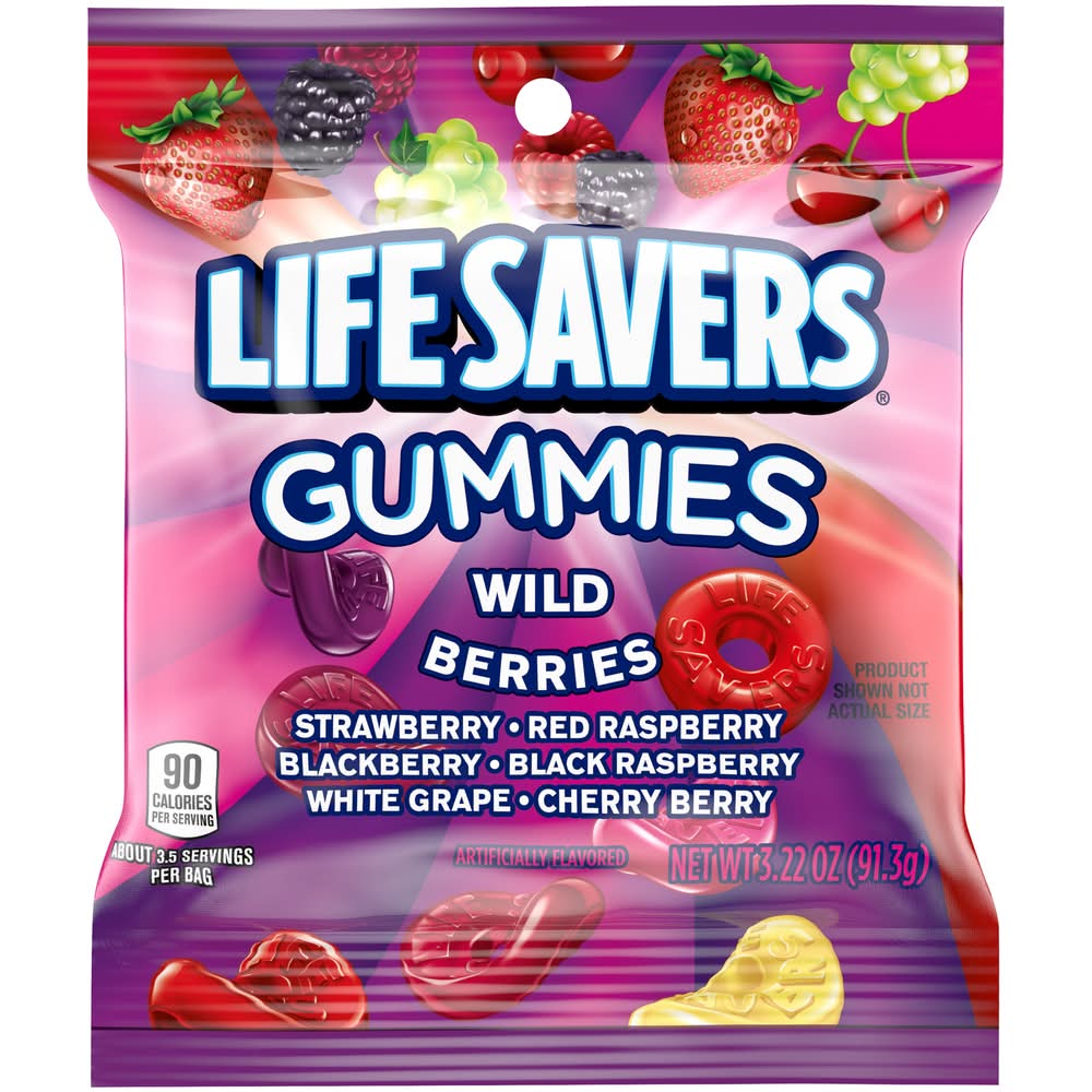 Life Savers Wild Berries Gummy Candy Bag, Strawberry-Red Raspberry-Black Berry-White Grape-Black Raspberry-Cherry Berry (3.22 oz)