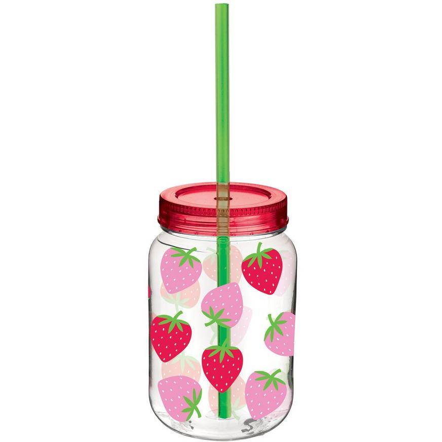 Party City Summer Strawberry Plastic Mason Jar Cup With Straw