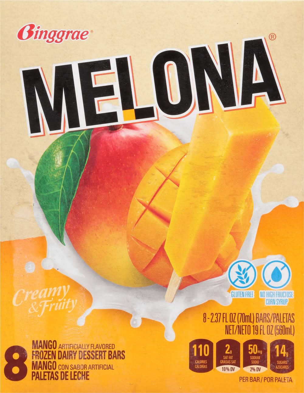 Melona Creamy & Fruity Frozen Dairy Dessert Bars, Mango (8 x 2.37 fl oz)