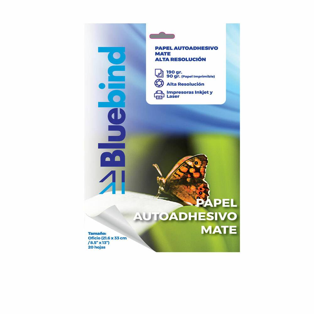 Bluebind Papel Autoadhesivo Matte Oficio Alta resolución InkJet / Laser 20 hojas 190g