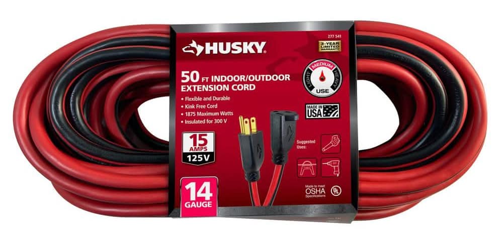 Husky 50 Ft. 14/3 Medium Duty Indoor/Outdoor Extension Cord, Red/Black