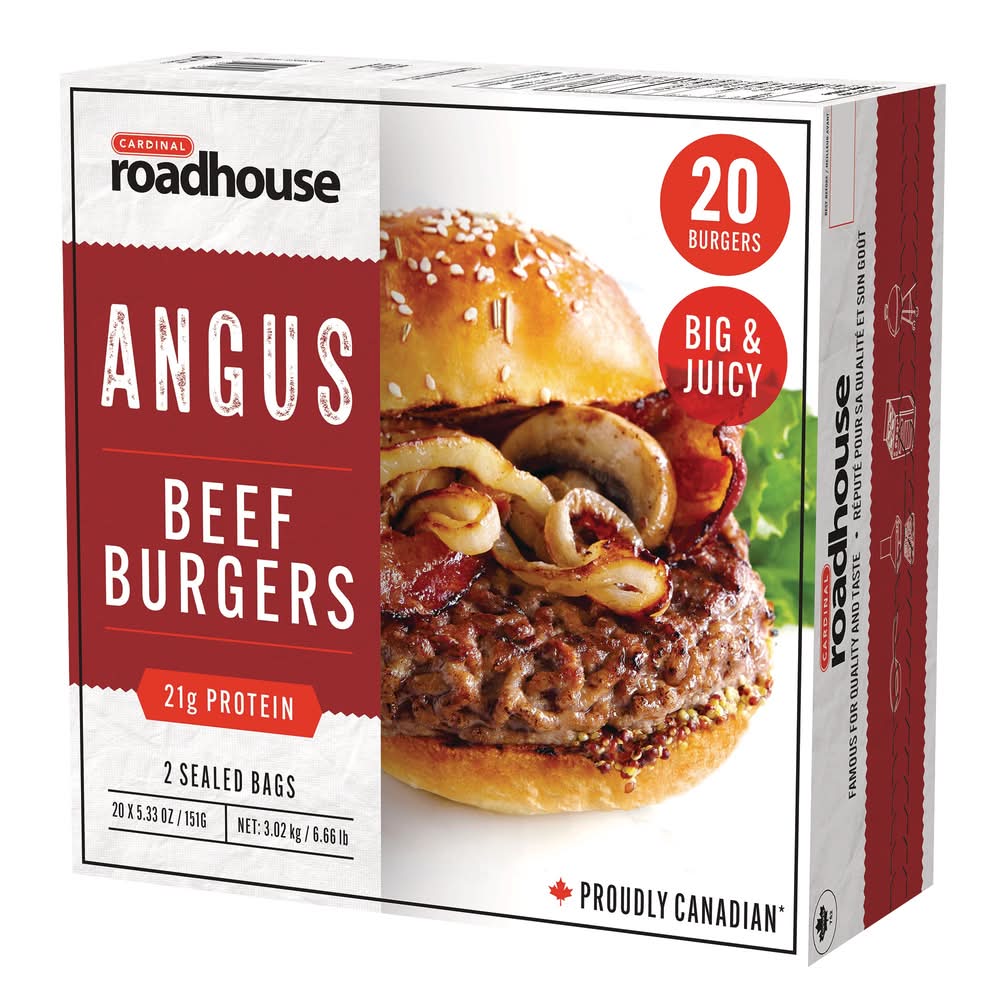 Cardinal - Hamburgers De Bœuf Angus Surgelés, 20 × 151 G / Cardinal Frozen Angus Beef Burgers, 20 × 151 G