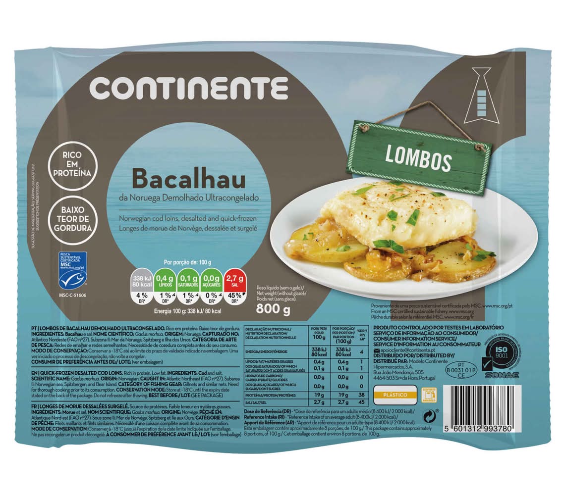 Lombos de Bacalhau da Noruega MSC Demolhado Ultracongelados Continente (emb. 800 gr)