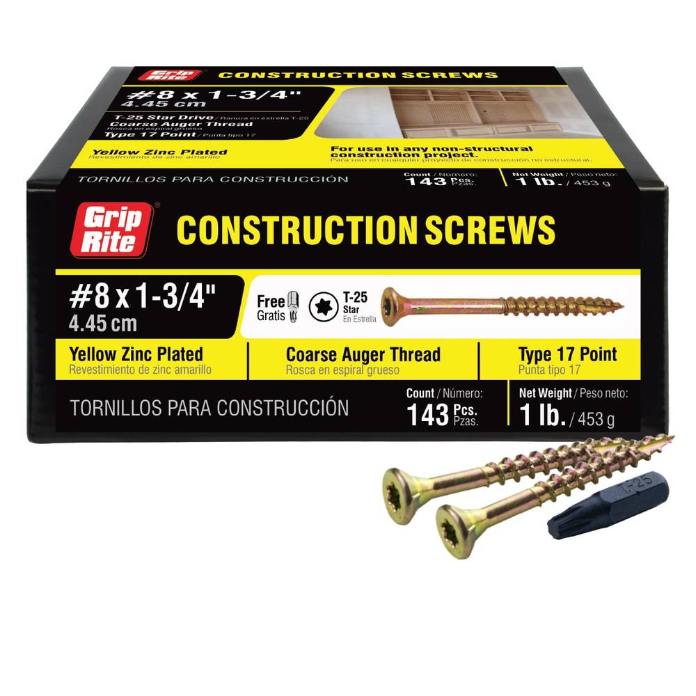 Grip-Rite #8 x 1-3/4-in Yellow Zinc Interior Wood Screws (143-Per Box) | 134GCS1