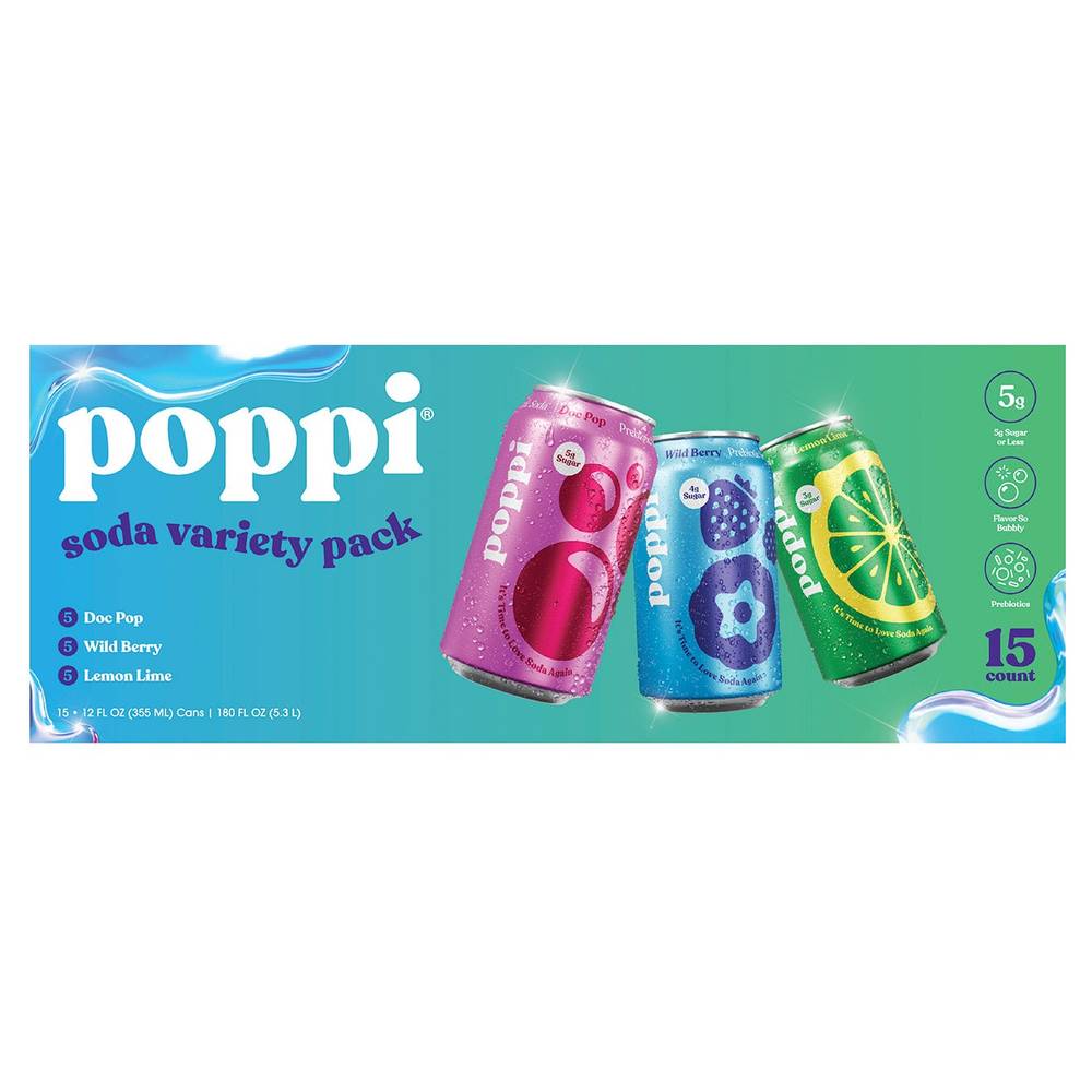 poppi Prebiotics Soda Variety pack, Doc Pop-Lemon Lime-Wild Berry (15 x 12 fl oz)