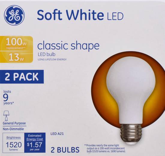 General Electric 100w Soft White Classic Shape Led Bulb (2 ct)