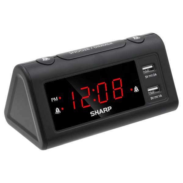 Sharp Dual Digital Alarm Clock With 2 Usb Ports, Black