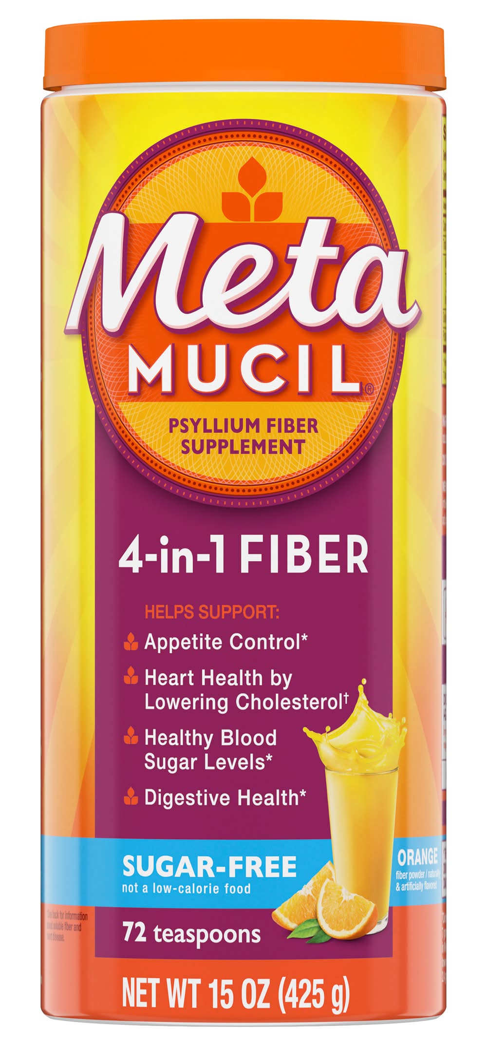Metamucil Sugar Free 4-in-1 Psyllium Fiber Supplement, Orange (15 oz)