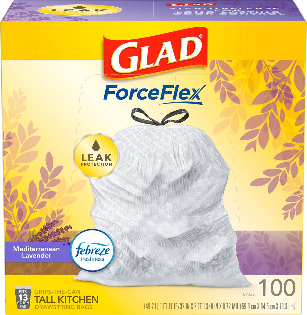 Glad Forceflex Tall Kitchen Drawstring Trash Bags Gain Lavender With Febreze Freshness, White (100 ct)