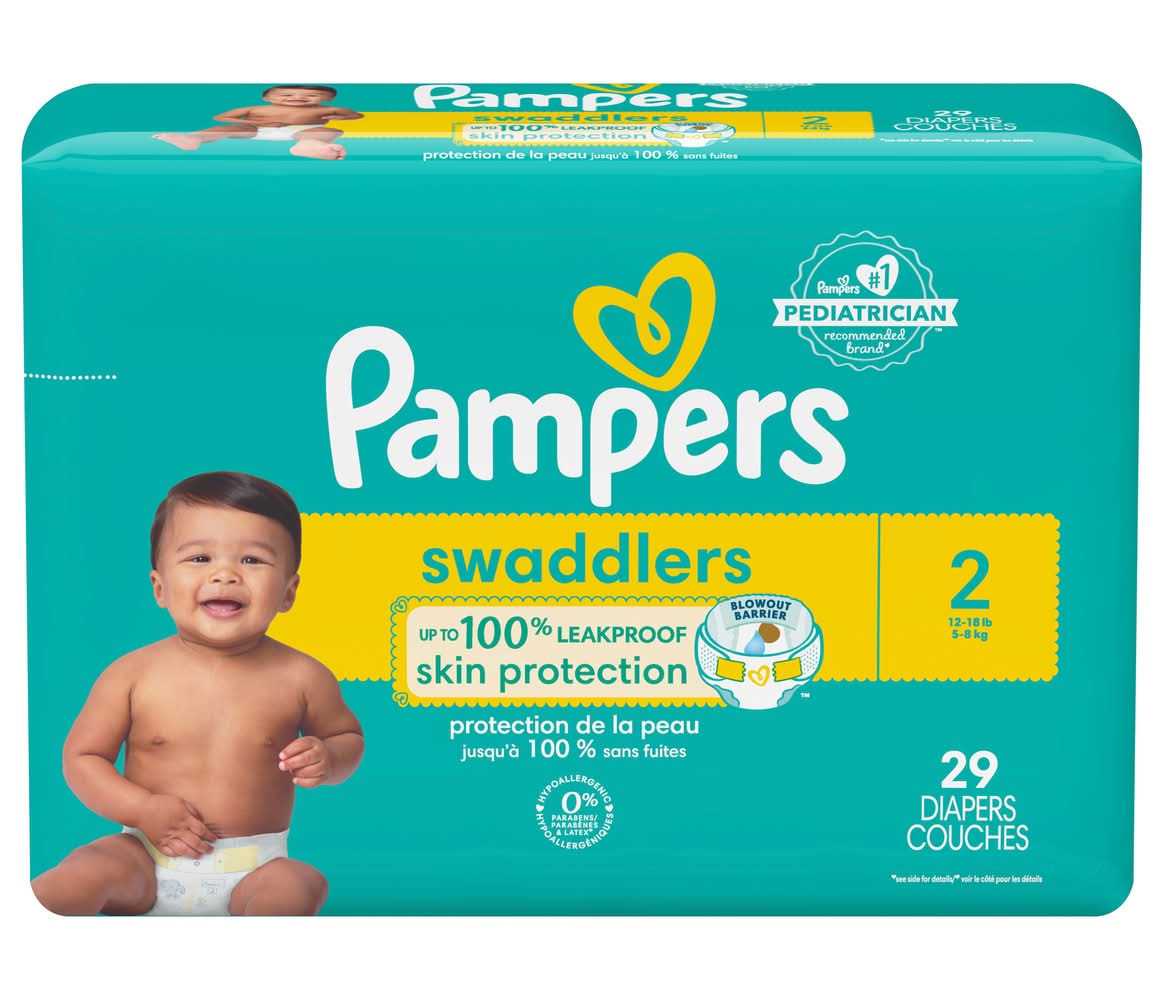 Pampers Swaddlers 100% Leakproof Skin Protection Diaper Couches, 2, White (29 ct)