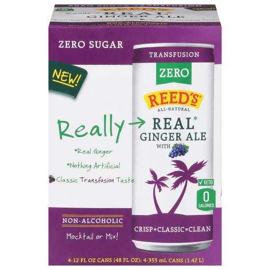 Reed's Zero Sugar Real Ginger Ale With Grape (4 ct, 12 fl oz)