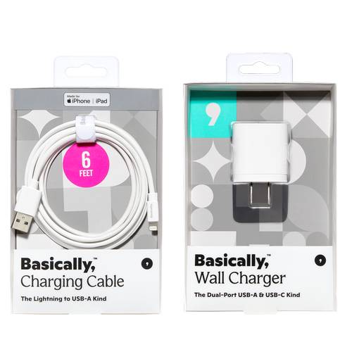Basically, Charging Bundle Lightning to USB-A Cable with Dual-Port USB and USB-C Wall Charger