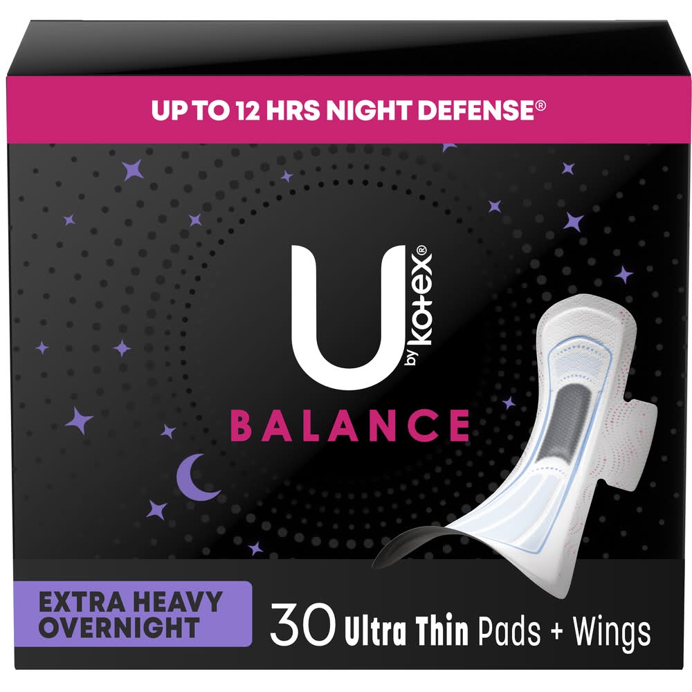 U by Kotex Balance Extra Heavy Overnight Ultra Thin Pads With Wings (30 ct)
