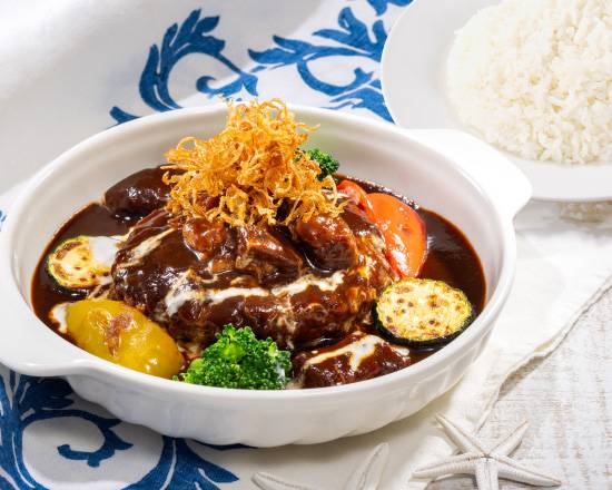 ハンバーグビーフシチューソース ライス付 Japanese Meaty Hamburg Steak with Beef Stew Sauce with Rice