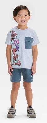 Toddler Boys' 2pc Marvel Spidey & Friends Miles Morales Ghost Spider Pocket T-Shirt & Brushed Active Shorts Set - Gray 2T