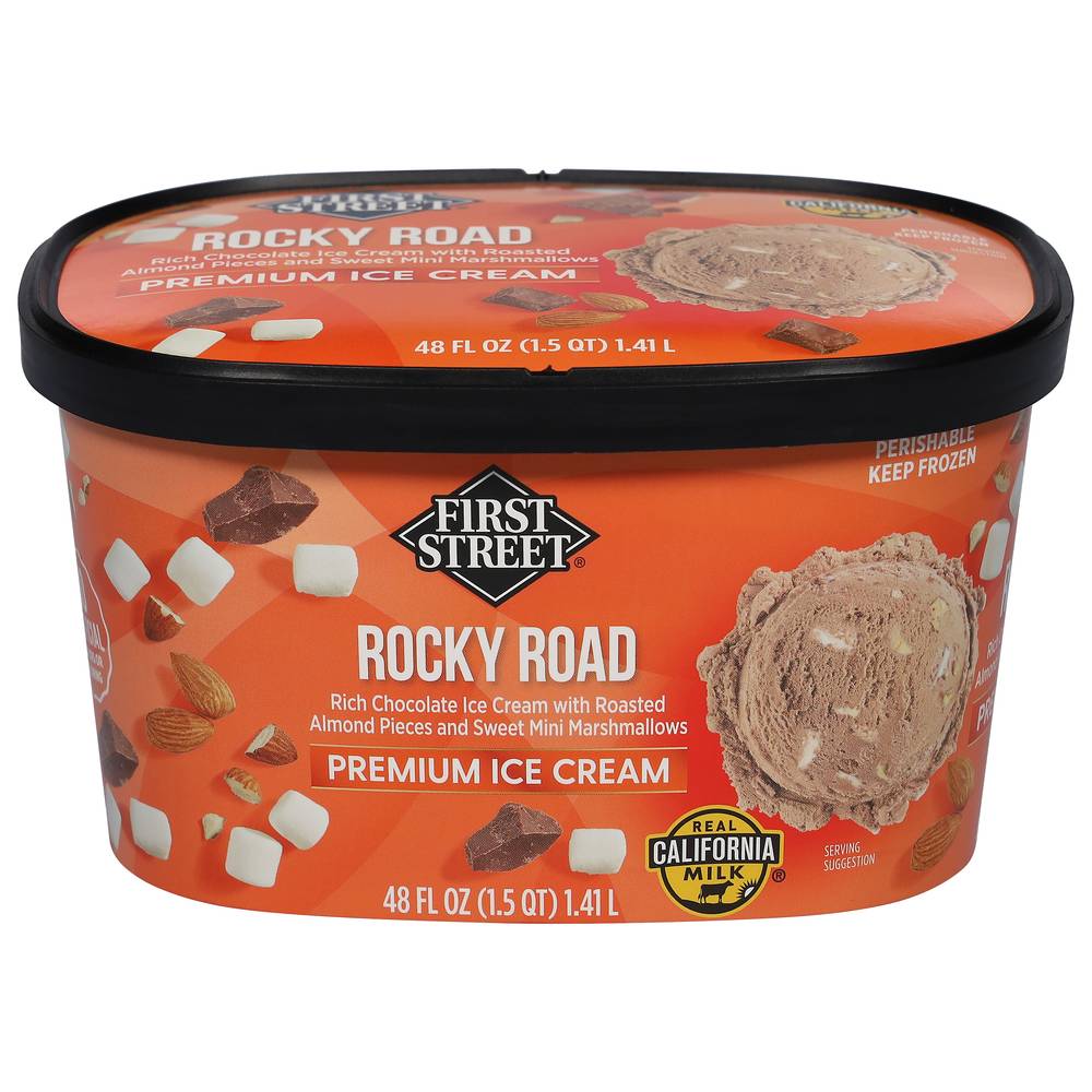 First Street Rocky Road Premium Ice Cream, Chocolate-Almonds-Marshmallows (48 fl oz)