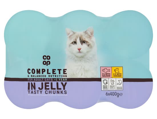 Co-op Salmon-Chicken, Adult 1+, Complete & Balanced Nutrition Tasty Chunks in Jelly Cat Food (6 x 400g)