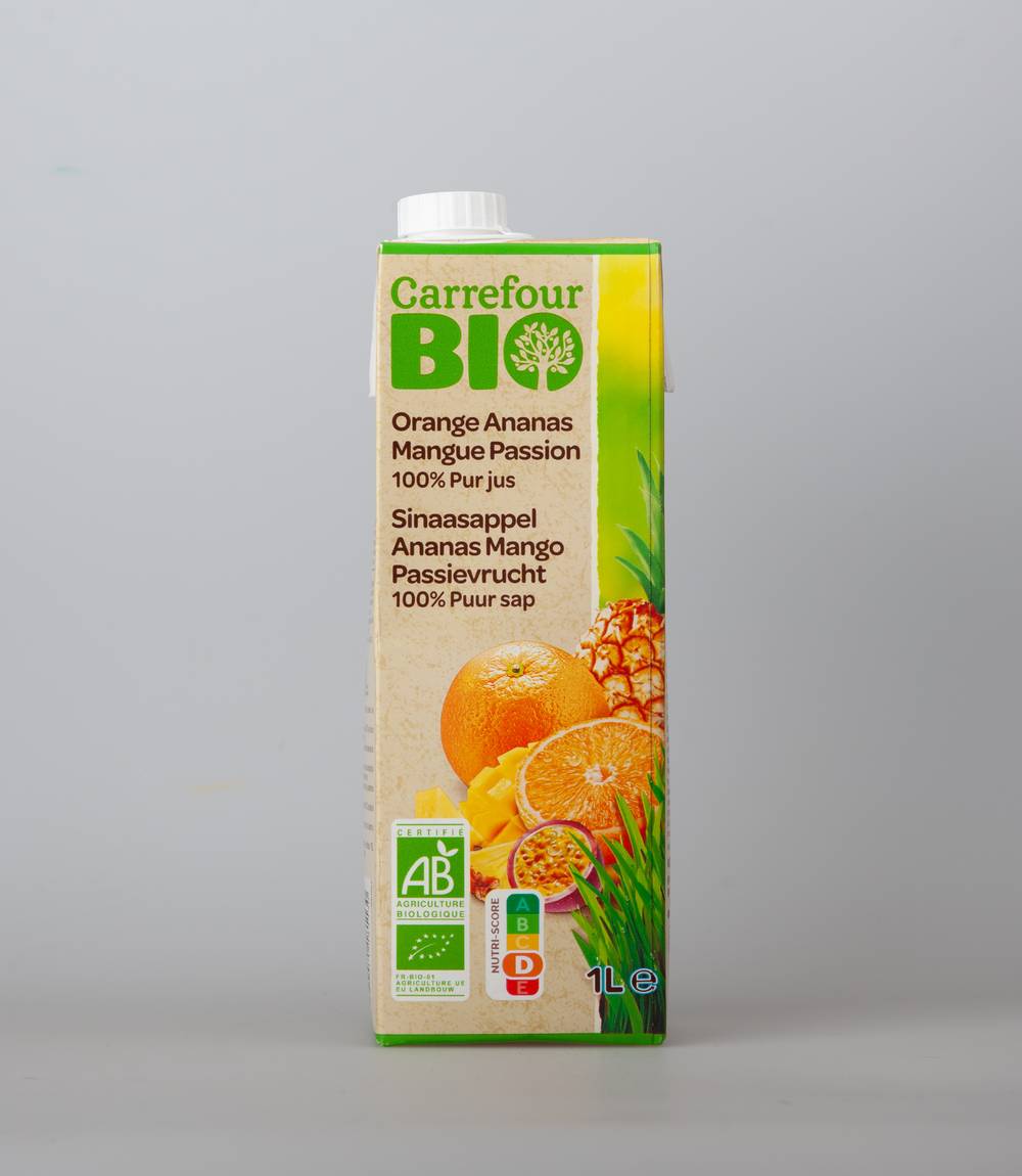 Carrefour Bio - Jus multifruits à base d'orange, ananas, mangue et passion (1 L)