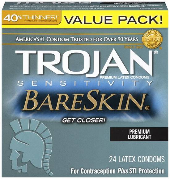 Trojan Sensitivity Bare Skin Premium Lubricant Latex Condoms Value Pack, 24CT
