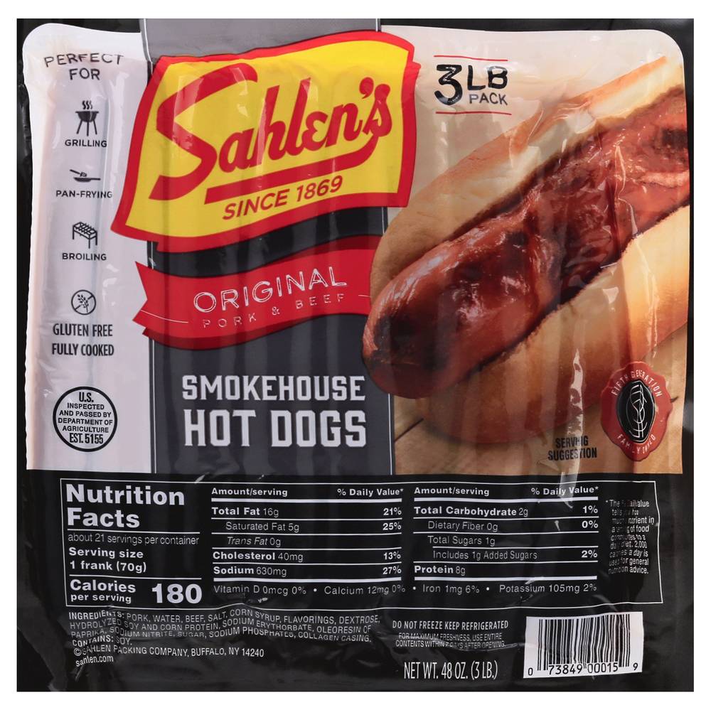 Sahlen's Original Pork & Beef Smokehouse Hot Dogs (3 lbs)
