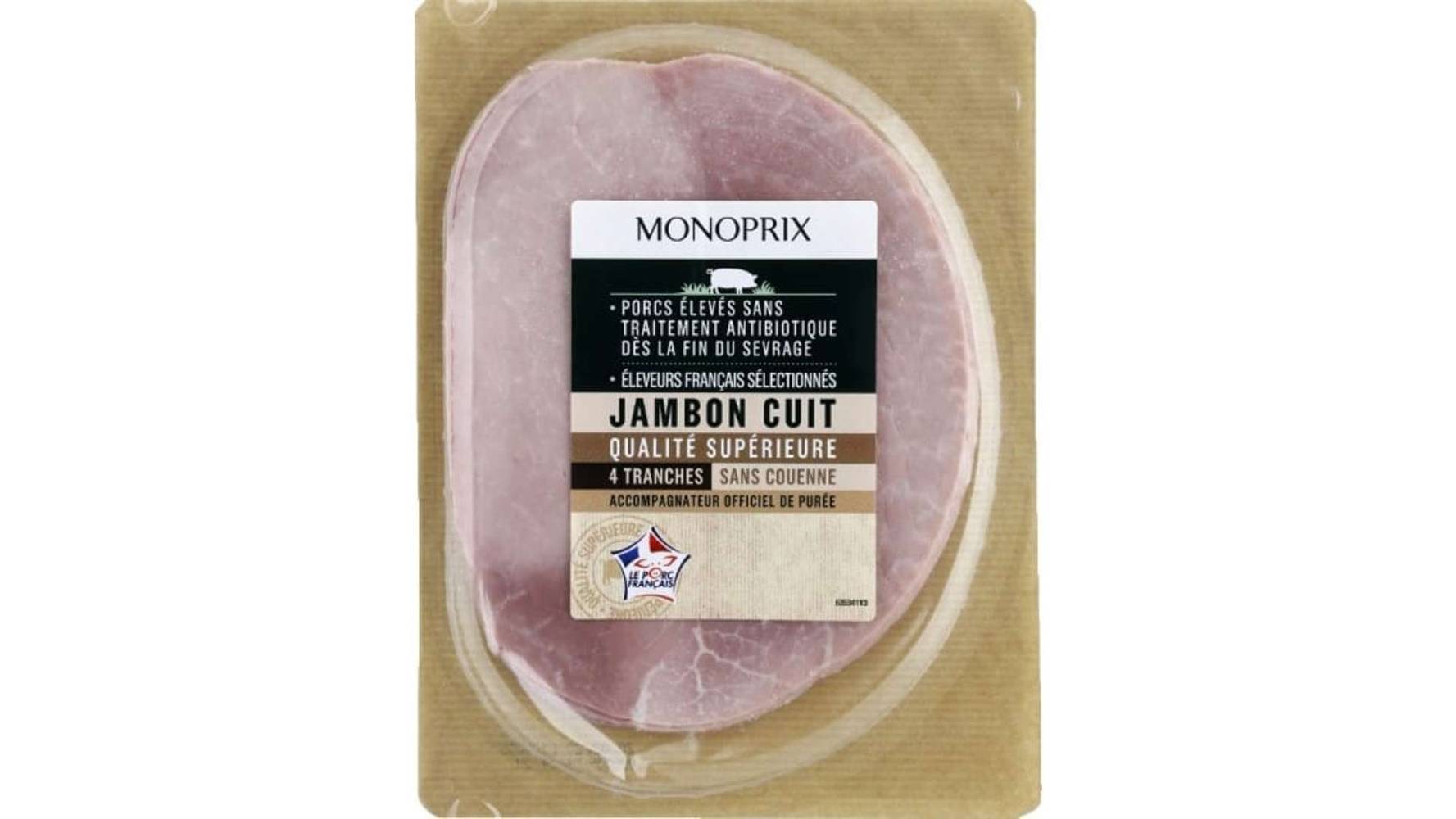 Monoprix Jambon cuit qualité supérieure sans couenne Les 4 tranches - 160 g